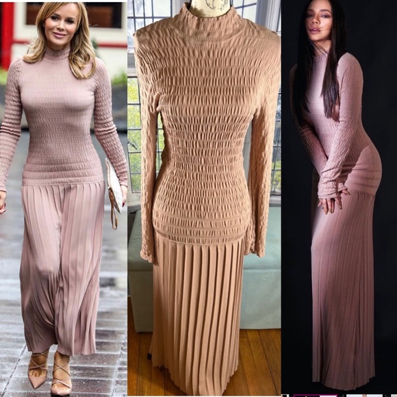 Zara Dresses & Skirts - Zara long sleeve drop waist knit smocked pleated contrast maxi dress- dusty pink